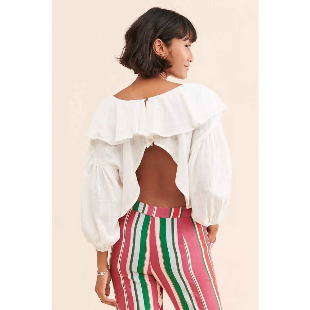 Free People White Open-Back Ruffle Blouse